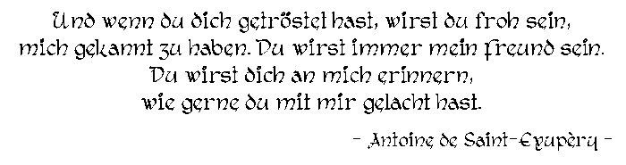 Und wenn du dich getröstet hast,
wirst du froh sein,
mich gekannt zu haben.
Du wirst immer mein Freund sein.
Du wirst dich an mich erinnern,
wie gerne du mit mir gelacht hast.

Antoine de Saint-Exupery